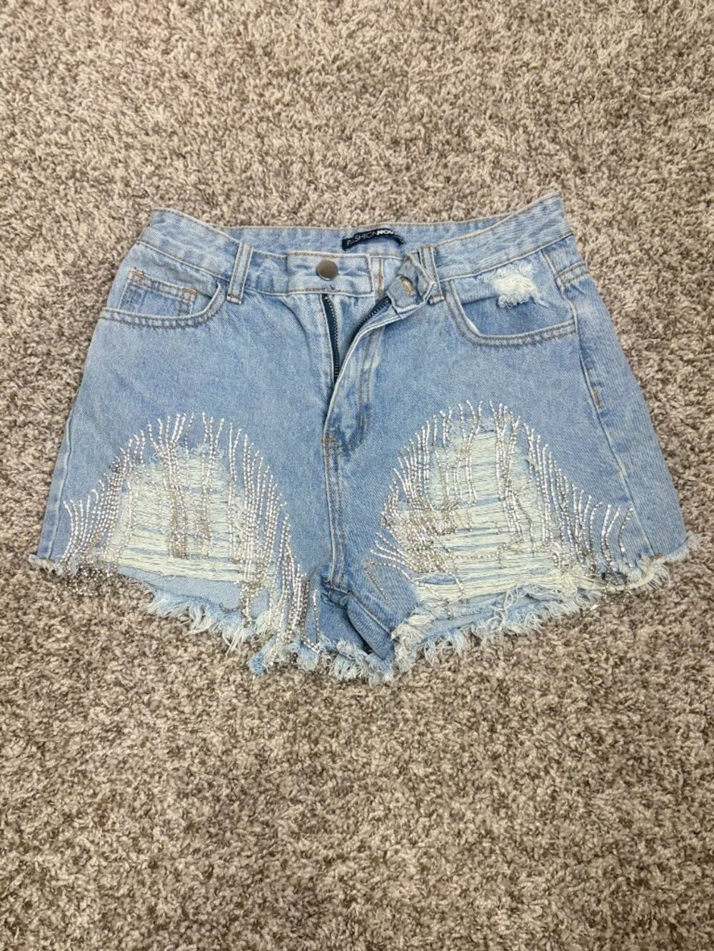 Distressed Shorts with Rhinestone Fringe – Like New